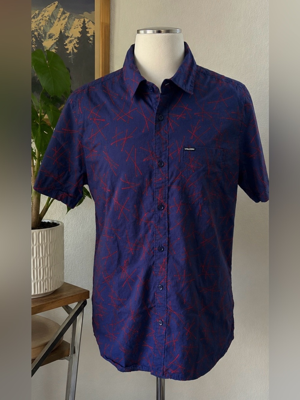 Volcom Navy Blue and Red Casual Button Down Shirt